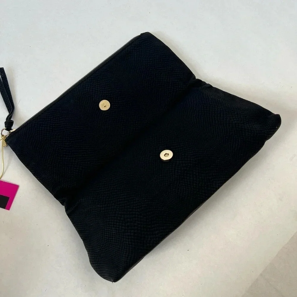Victoria Secret Fold-Over Classic Black With Bow Wristlet Clutch Bag NWT